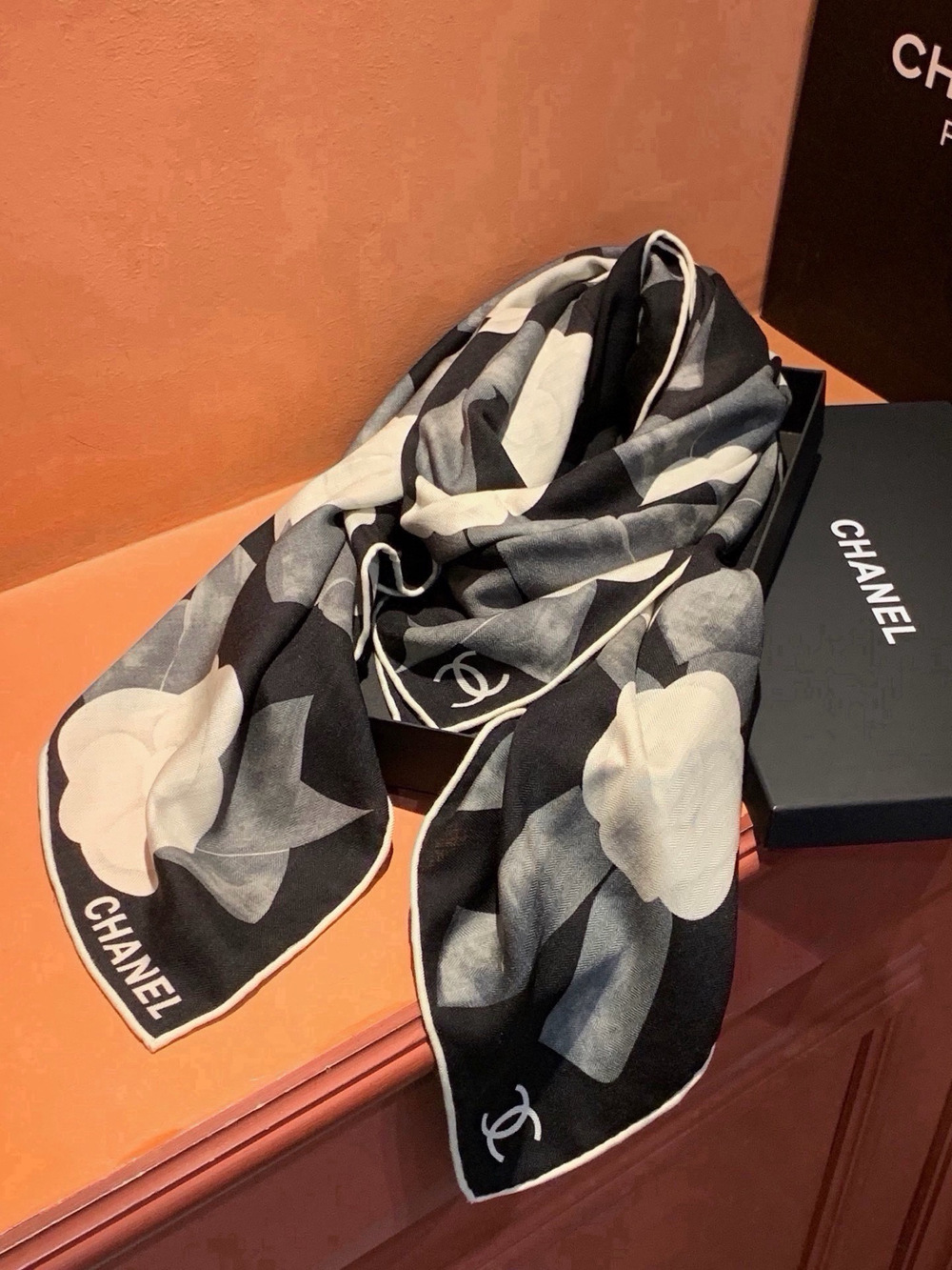 CHANEL Camellia & CC Logo Silk Scarf